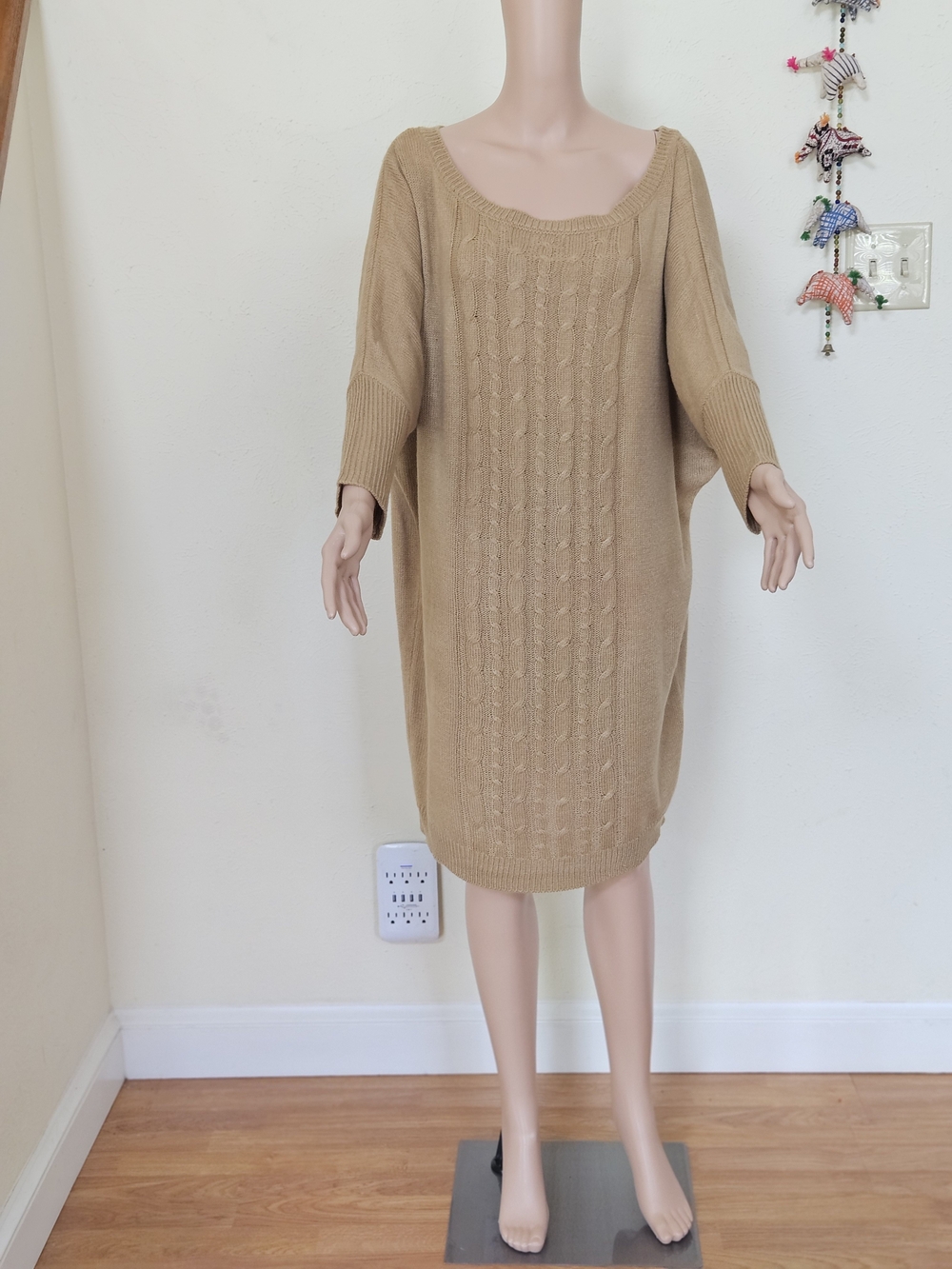 New York & Company Camel Off-the-Shoulder Cable-Knit Sweater Dress